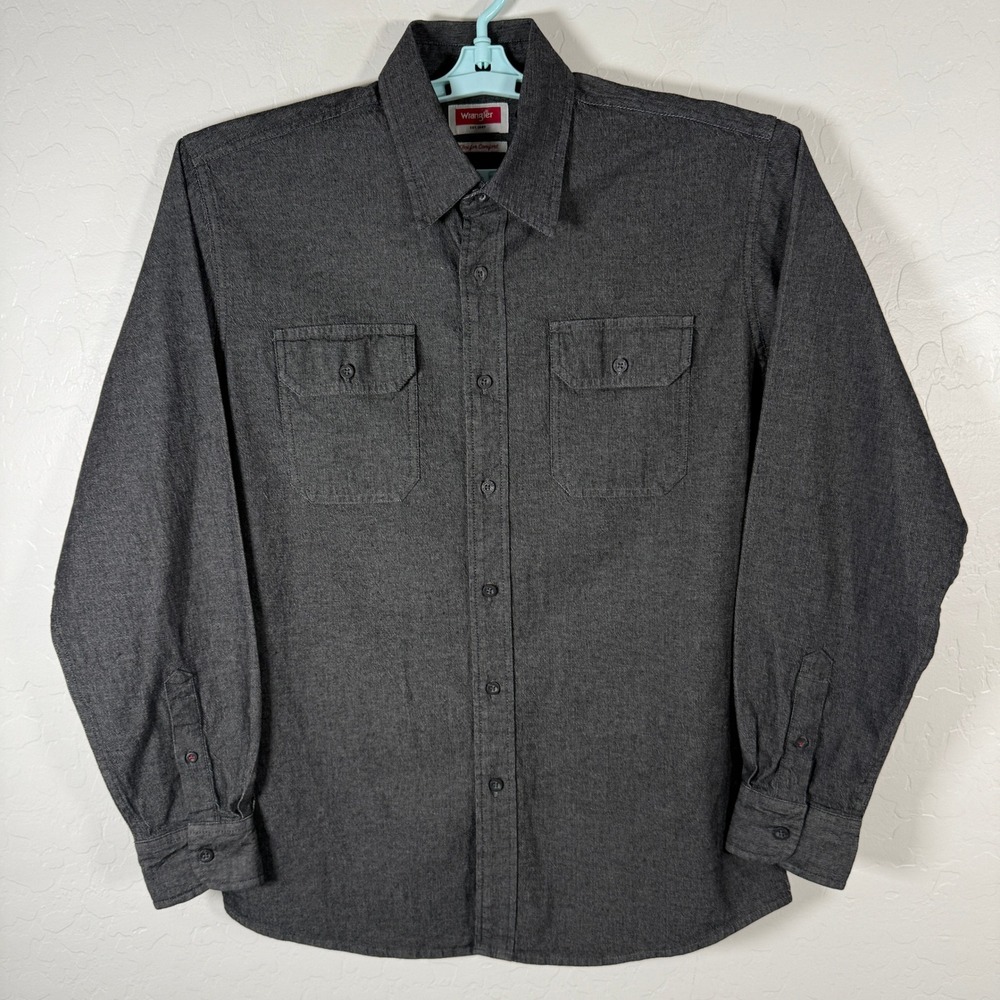 Wrangler‎ Button Down Shirt Mens Medium Gray Flex Denim Chambray Western Work